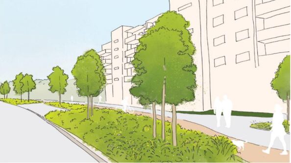 Idèskisse ny utforming av holdeplass med grøntrabatt i Mortensrudveien