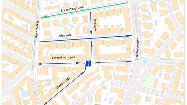 Illustrasjon av foreslått kjøremønster mellom Frognerveien og Gyldenløves gate