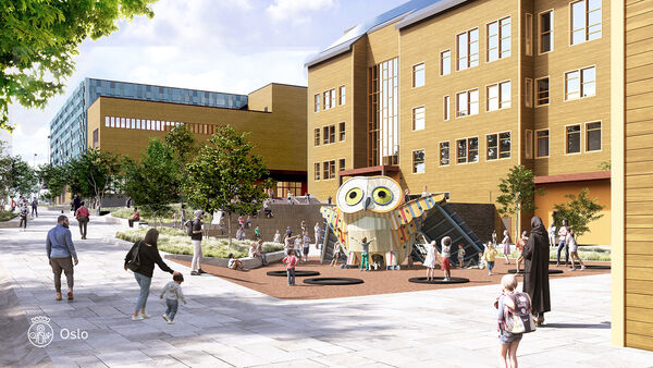 Skolebarn leker i skolegård