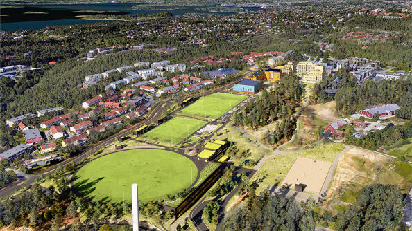 "Flyfoto" av idrettsflater, skole, sykehjem og alt som skal bygges i Mortensrudprosjektet