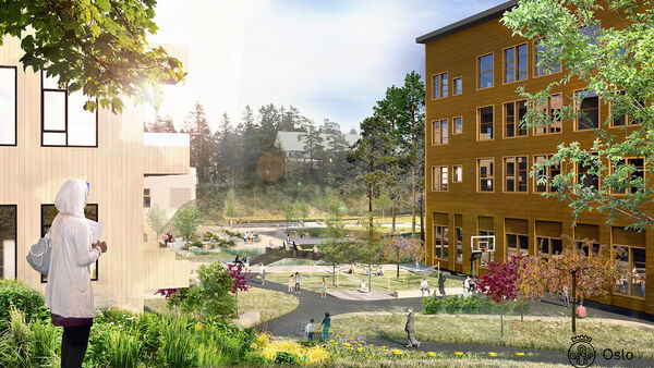 En dame stor og ser mot en skole og et sykehjem
