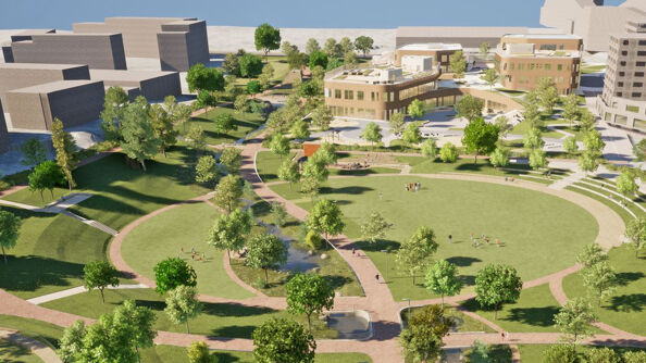 Illustrasjon av parkmiljø sett fra luften. 