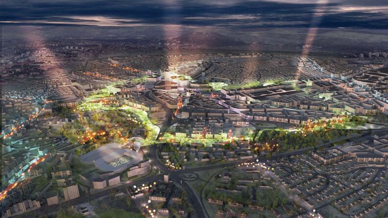 Illustrasjon av Den grønne ringen, bygninger og grøntområder