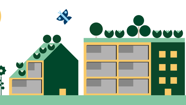 En ilustrasjon av grønne tak og fasader.