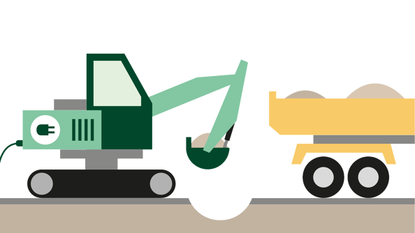 Illustrasjonen viser en gravemaskin som graver ut masser og legger massene i en lastebil