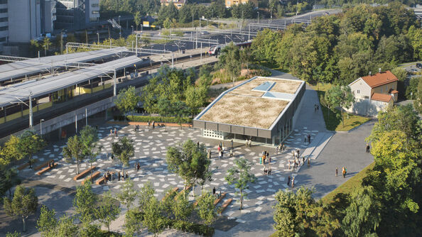 Lysaker T-banestasjon, tegnet av Asplan Viak, Longva Arkitekter og Arup.