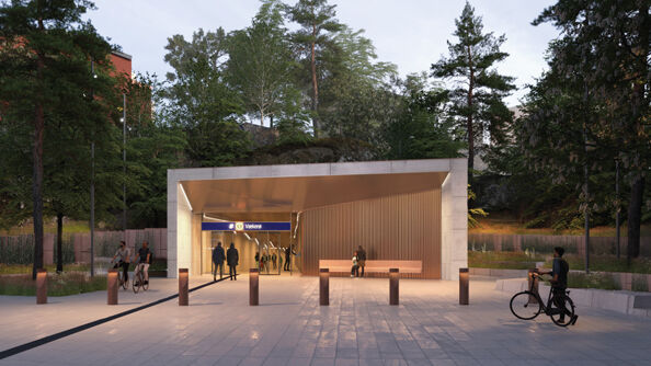 Vækerø T-banestasjon, tegnet av Gottlieb Paludan Architects og L2 Arkitekter.