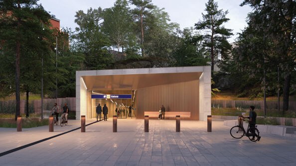 Visualisering av uteområdet ved Vækerø T-banestasjon adkomst Vennersborgveien: Gottlieb Paludan Architects og L2 Arkitekter.