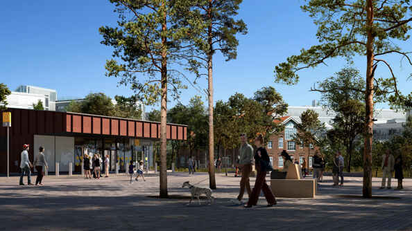 Illustrasjon av Lysaker T-banestasjon, ved arkitektfirmaene Asplan Viak, Longva arkitekter og ARUP.