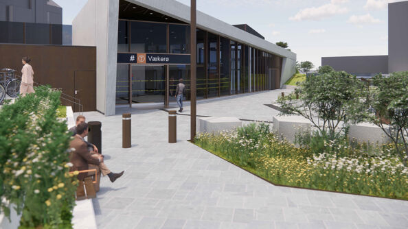 Illustrasjon av Vækerø T-banestasjon, ved arkitektfirmaene Gottlieb Paludan Architects og L2 Arkitekter