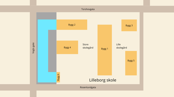 Illustrasjon over byggene med nummerering fra 1 til 6