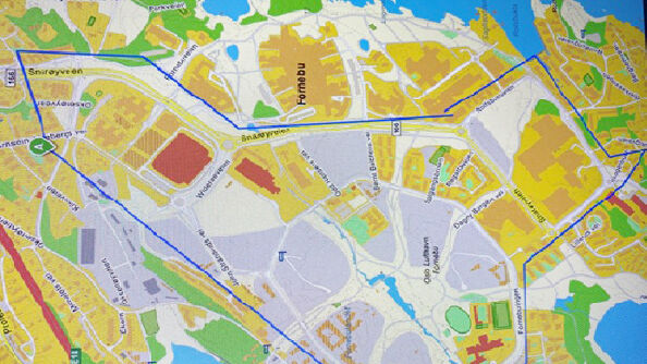Kart som viser område for rengjøring av veier på Fornebu 16-19 mars 2022