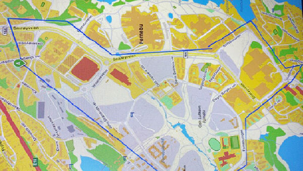Kart som viser område for rengjøring av veier på Fornebu 16-19 mars 2022