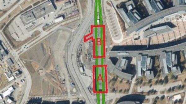 De to sjaktene (markert i rødt) skal utgjøre oppgangene fra stasjonsplattformen på Flytårnet. Vi har sprengt ferdig i sjakt A så her er det åpent ned til tunnel/stasjonshall.