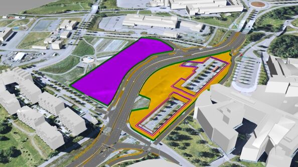 Oversiktsbilde over Flytårnet anleggsområde på Fornebubanen