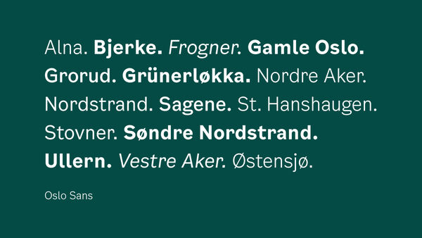 Illustrasjon av Oslo kommunes skrifttype Oslo Sans brukt på byens bydelsnavn.