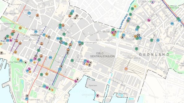 Bildet viser et kart over tiltak i prosjektet Bilfritt byliv.