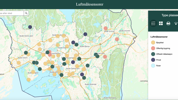 Bildet viser oversiktskart over plassering av luftmålersensorer i Oslo