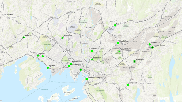 Bildet viser et kartutsnitt med beliggenhet for alle målestasjoner for luftkvalitet i Oslo.