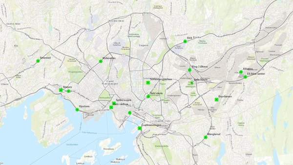 Bildet viser et kartutsnitt med beliggenhet for alle målestasjoner for luftkvalitet i Oslo.