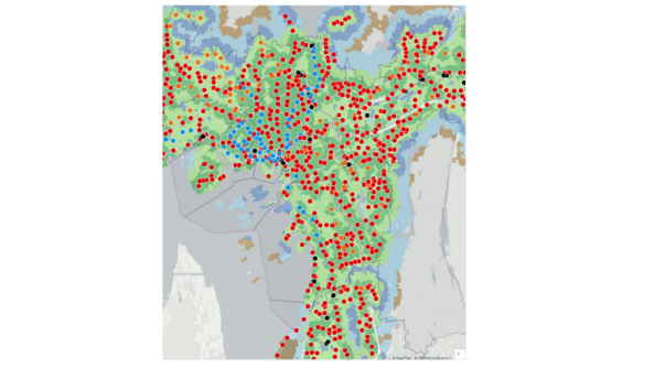 Kartutsnittet viser tilbudskvaliteten for kollektivtrafikken i Oslo. Områder i kartutsnittet er farget i henhold til definisjonen av tilbudskvalitet. Prikker på kartutsnittet representerer stoppesteder for ulike kollektivtransportmidler.