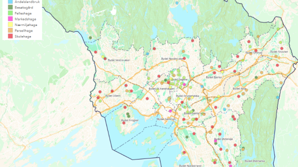 Kartutsnitt som viser distribusjon av ulike urbane landbruksaktiviteter i Oslo kommune.