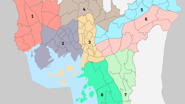 Kart med forslag til 8 bydeler.