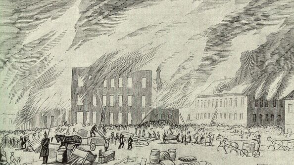 En tegning av bybrannen i Oslo i 1858