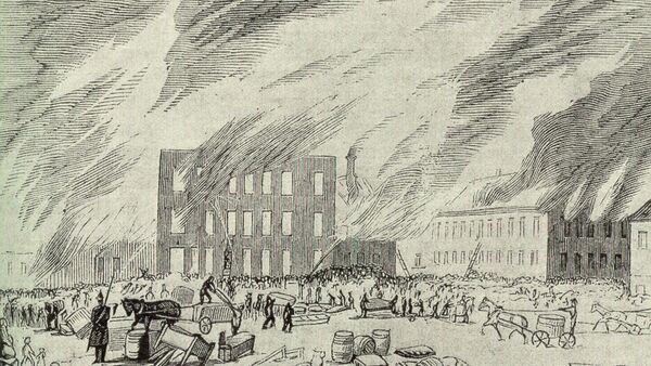 En tegning av bybrannen i Oslo i 1858