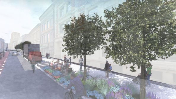 Illustrasjonen viser fotgjengere, syklende og biler passere et grøntområde med blomster og trær i Biskop Gunnerus gate.