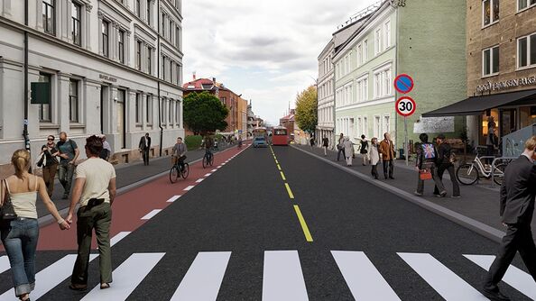 Illustrasjonsbilde av gate med sykkelfelt og fotgjengerovrgang