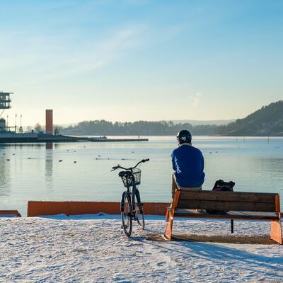 Man with bike looking at Oslofjorden, with Sørenga and Hovedøya in sight.