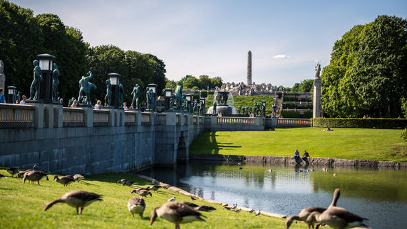 A photo of Frognerparken in Oslo with statues and geese.