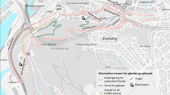 Illustrasjonen viser omdirigering og alternative traseer for gående, syklende, trillende og pendlervei for sykkel vist fra Oslo gate og ut til Sætre