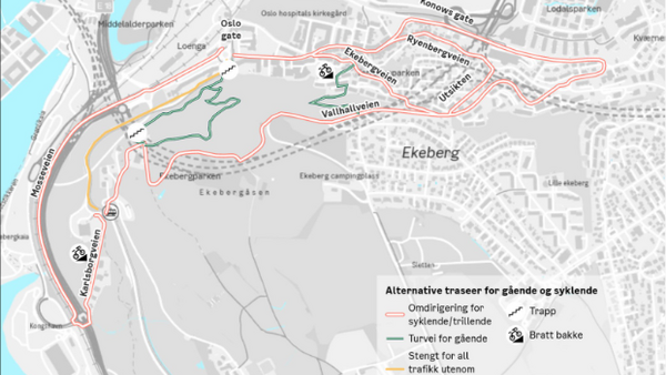 Illustrasjonen viser omdirigering og alternative traseer for gående, syklende, trillende og pendlervei for sykkel vist fra Oslo gate og ut til Sætre