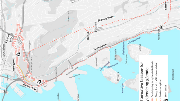 Illustrasjonen viser omdirigering og alternative traseer for gående, syklende, trillende og turveier