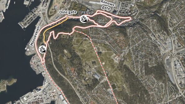 Kart med markering av alternative traseer for gående og syklende