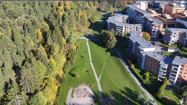 Flyfoto av grøntområde mellom skog og boligblokker. Stier går gjennom gresset, med bålplass og åpne oppholdsarealer.
