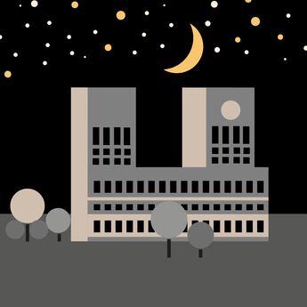 Illustrasjon av Oslo rådhus med måne og stjerner over