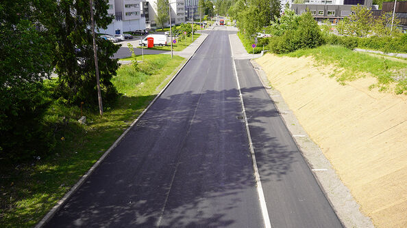 Asfaltert vei gjennom boligområde med trær og bygninger langs veien.