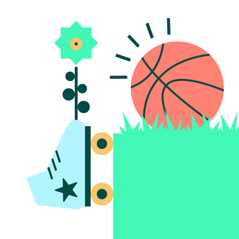 Illustrasjon av en sko, blomst og basketball på gress. Si ifra hvis du vil ha enda mer beskrivende eller mer konteksttilpasset alt-tekst