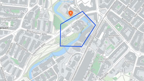 Dette kartet over området rundt Bjølsenfossen viser det avgrensede området hvor arbeidet skal gjøres.