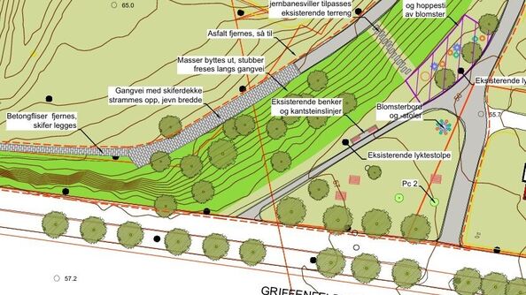 Illustrasjonen viser arbeidene som skal utføres i parken