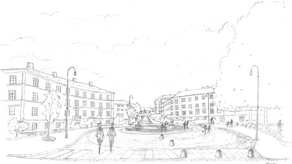 Tegning av hvordan Arno Bergs plass skal se ut.
