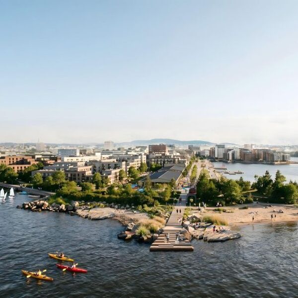 Illustrasjon av Filipstad med strand, park, brygger, kajakker og nye boligområder langs sjøen.