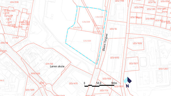 Kart som viser planområdet med stiplet blå linje