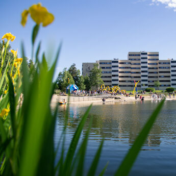 Svarttjern med badestrand og boligblokker i bakgrunn
