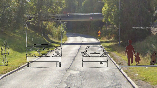 Gate med bro i bakgrunnen. Illustrasjoner av mennesker, en buss og en bil er lagt over bildet for å vise trafikk og aktivitet.